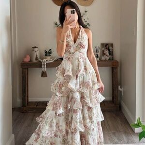 TIERED HALTERNECK FLORAL MAXI DRESS